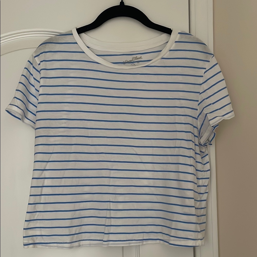 Madewell Blue and White Crop T-Shirt Short Sleeve Relaxed Fit